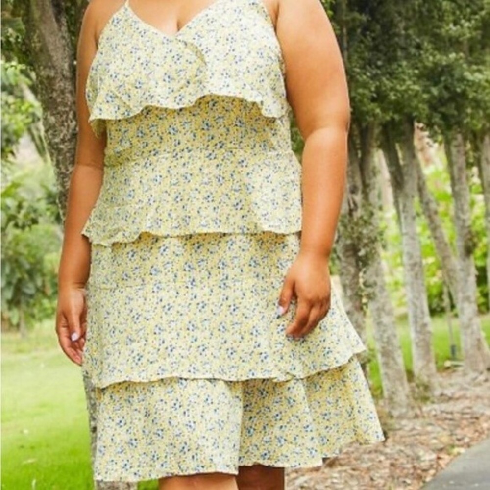Pleione Floral Dress V Neck Layered Ruffle Sleeveless Yellow Blue New Size 4X - Picture 2 of 11